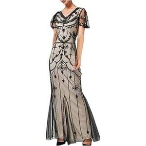 Vintage-Inspired Black Sequin Embellished Maxi Gown With Sheer Tulle Overlay & S